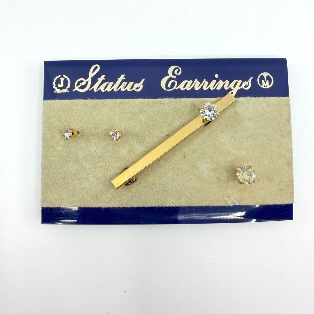 Vintage Status Gold Tone Rhinestone Earrings & Bar Pin Set - Chic Elegance